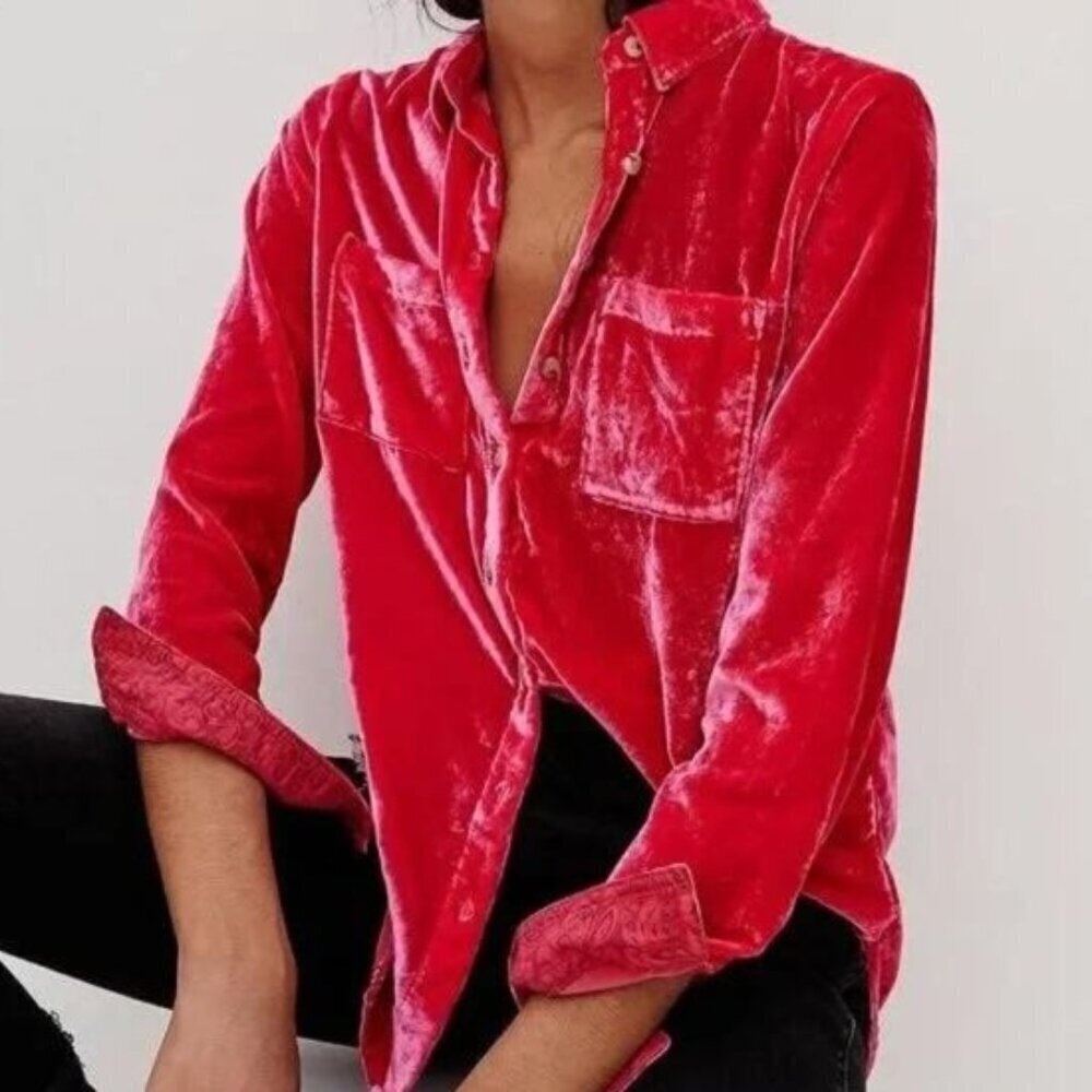 Anthropologie Pilcro Mara Pink Velvet Button Down Shirt